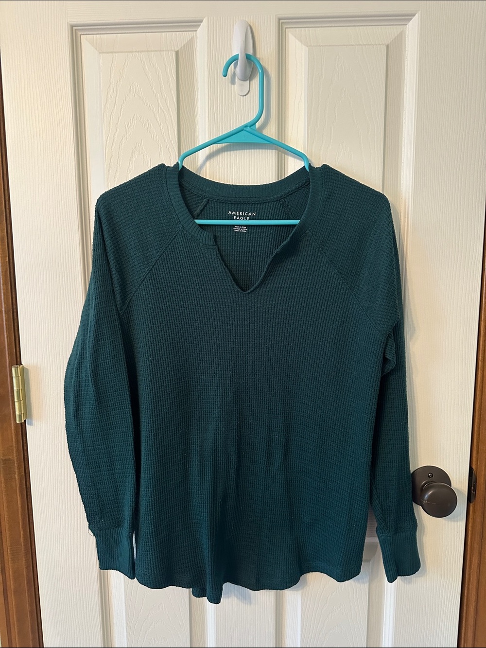 American Eagle Outfitters Women's Teal Waffle-Knit Long Sleeve Top